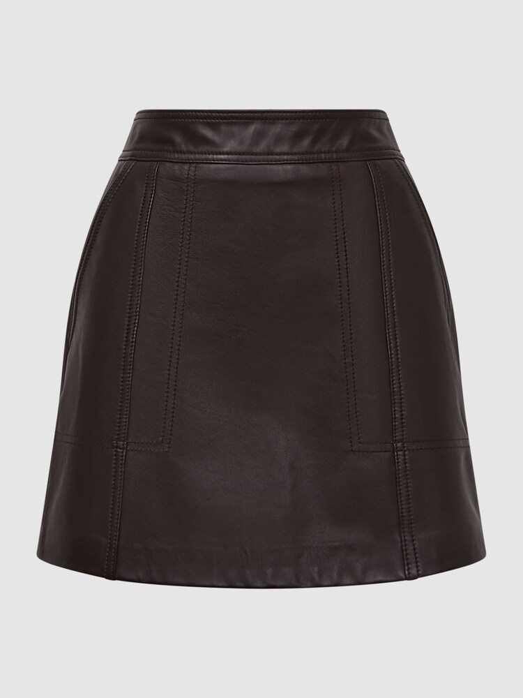 Reiss Chocolate Edie Leather High Rise Mini Skirt - Image 2 of 5