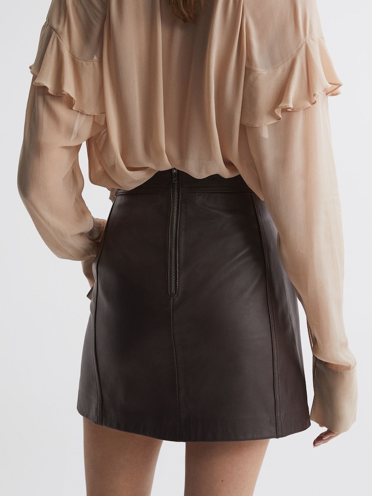 Reiss Chocolate Edie Leather High Rise Mini Skirt - Image 5 of 5