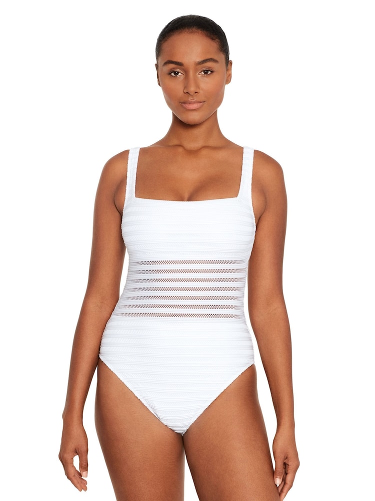 Lauren Ralph Lauren Ottoman Mesh Square Neck White Swimsuit - Image 1 of 5