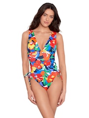 Lauren Ralph Lauren Blue Bold Abstract Floral Shirred Plunge Swimsuit - Image 1 of 4