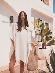 White Textured Longline Overhead Shirt Cover-Up - Image 1 of 7