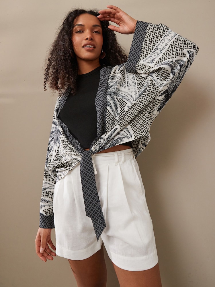 Black/White Tie Front Kimono Cover-Up - Image 1 of 7