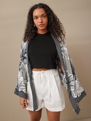 Black/White Tie Front Kimono Cover-Up - Image 2 of 7