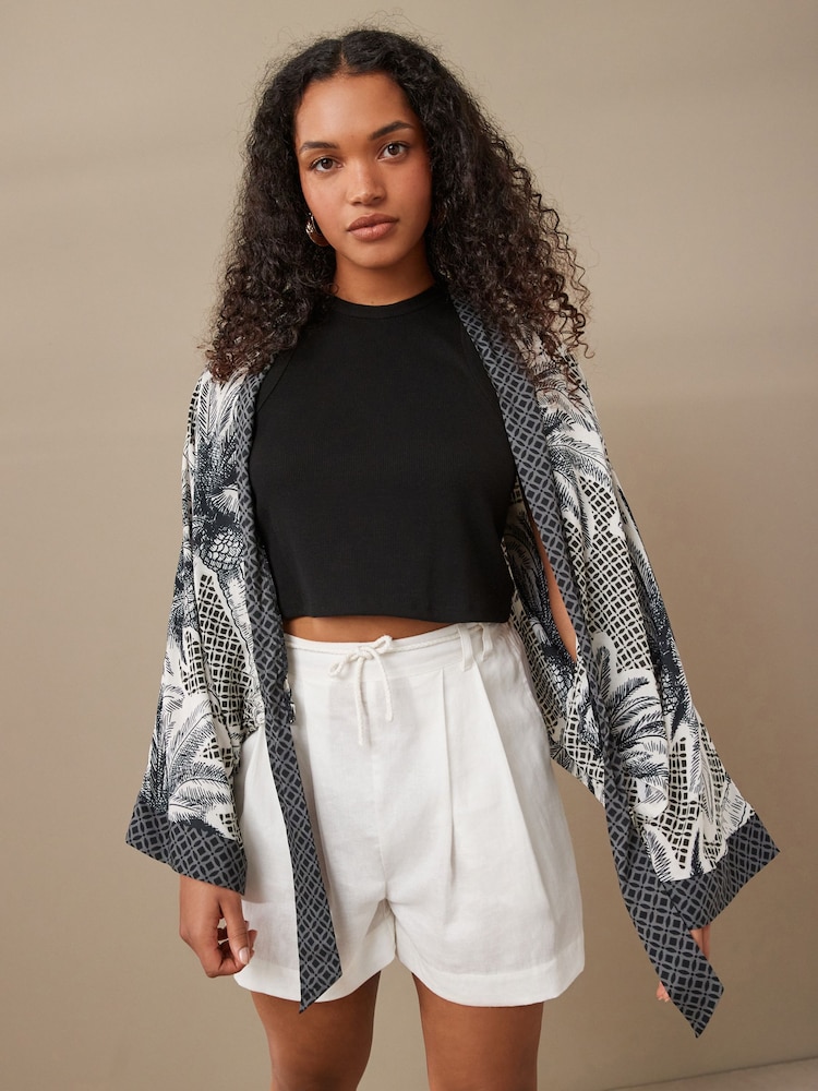 Black/White Tie Front Kimono Cover-Up - Image 2 of 7