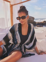 Navy Tie Dye Print Longline Tie Waist Kimono Cover-Up - Image 1 of 2