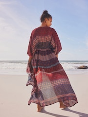 Berry Red/Navy Geo Maxi Tie Waist Kimono Cover-Up - Image 2 of 2