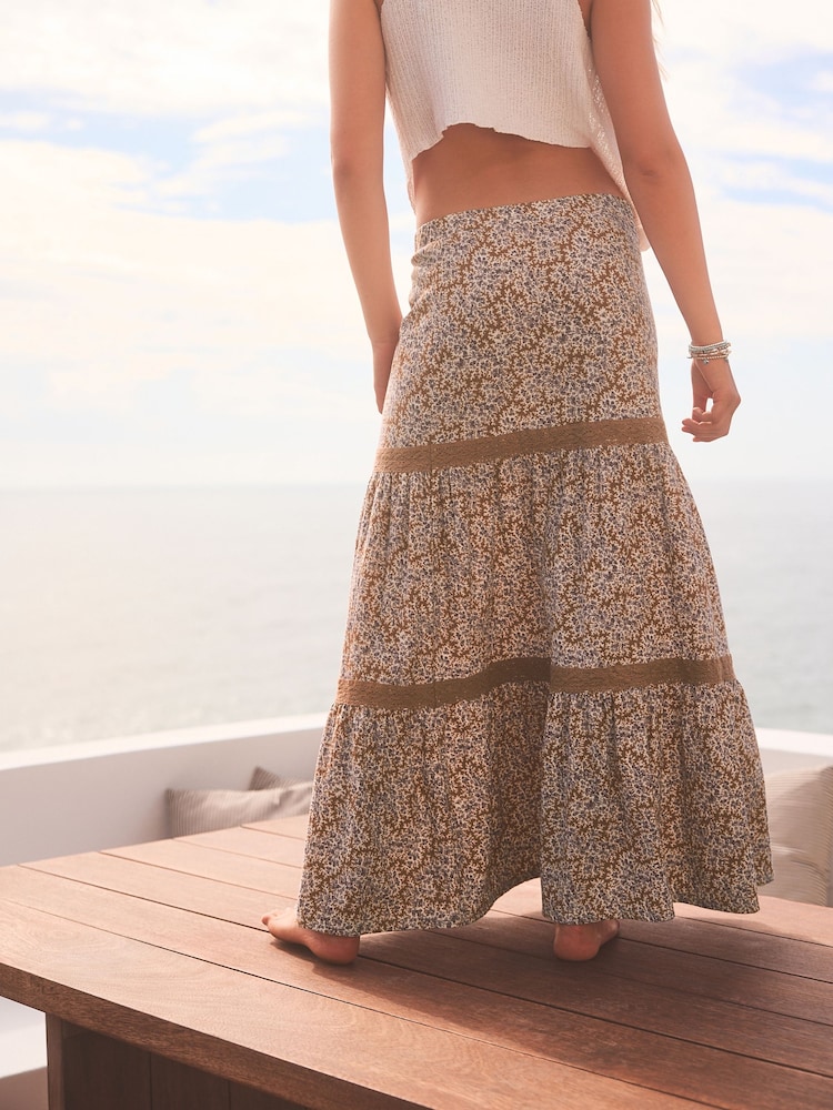 Lilac Purple Ditsy Textured Maxi Skirt With Crochet Trim - Image 3 of 6