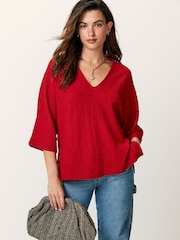 Red Long Sleeve Textured Tunic - Image 1 of 7