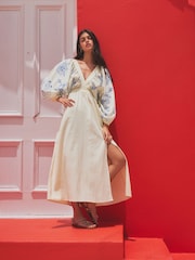 Cream & Blue Embroidered Long Sleeve Dress - Image 1 of 7