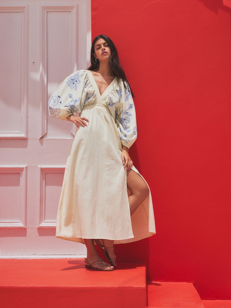 Cream & Blue Embroidered Long Sleeve Dress - Image 1 of 7