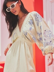 Cream & Blue Embroidered Long Sleeve Dress - Image 4 of 7