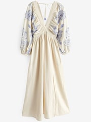 Cream & Blue Embroidered Long Sleeve Dress - Image 6 of 7