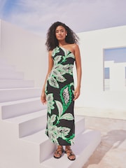 Black/Green Floral Print One Shoulder Jersey Midi Summer Dress - Image 1 of 8