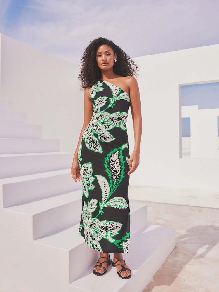 Black/Green Floral Print One Shoulder Jersey Midi Summer Dress - Image 1 of 8