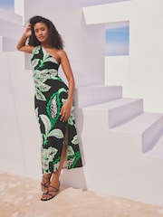 Black/Green Floral Print One Shoulder Jersey Midi Summer Dress - Image 2 of 8