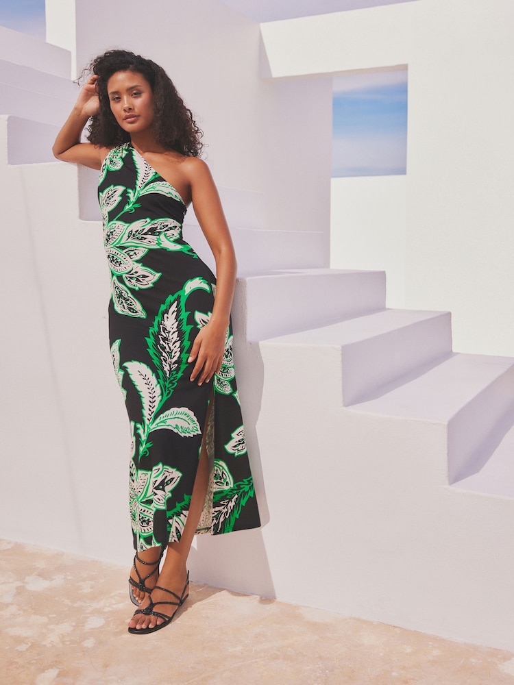 Black/Green Floral Print One Shoulder Jersey Midi Summer Dress - Image 2 of 8