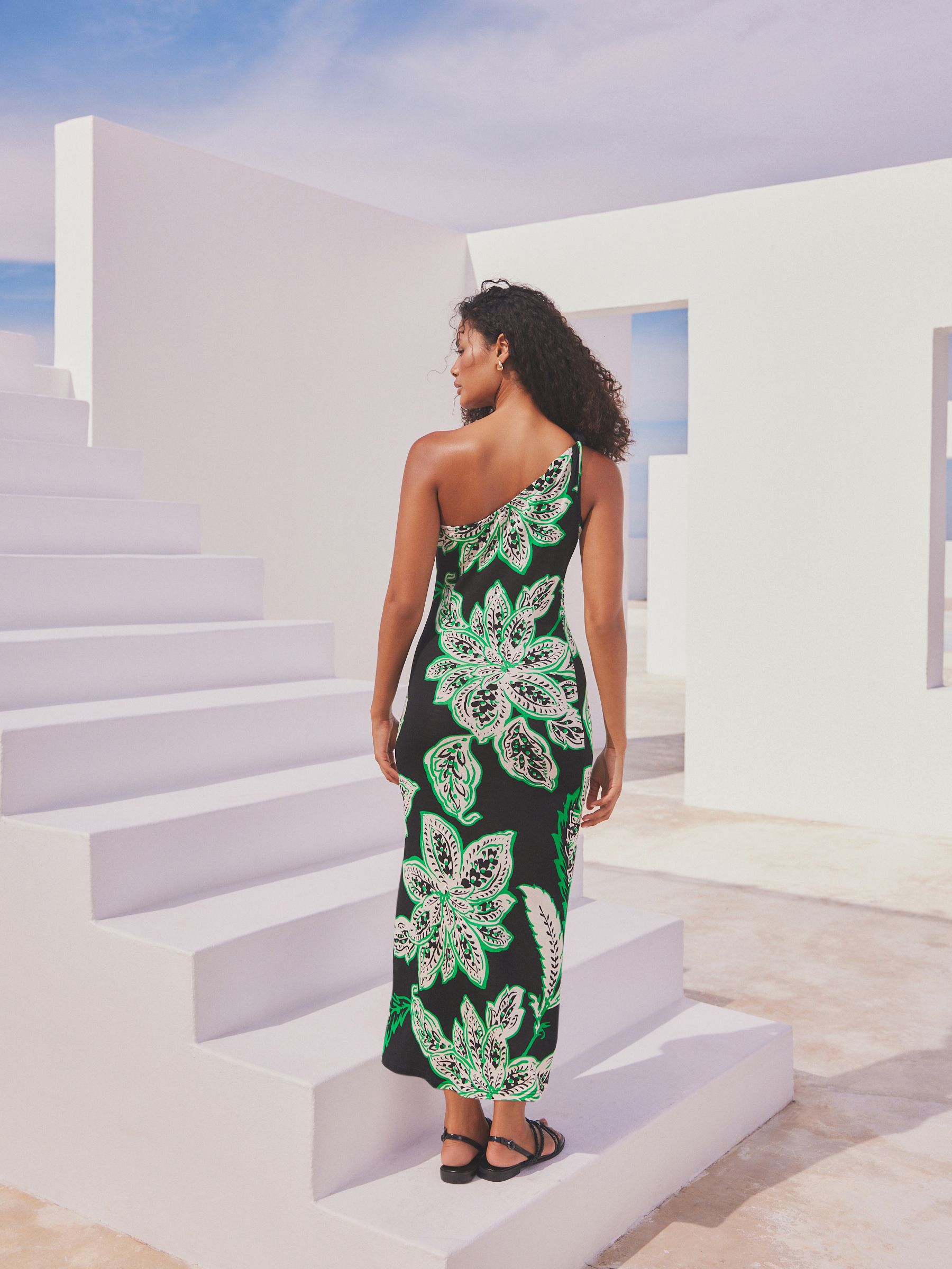 Buy Black/Green Floral Print One Shoulder Jersey Midi Summer Dress from  Next Luxembourg
