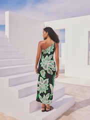Black/Green Floral Print One Shoulder Jersey Midi Summer Dress - Image 3 of 8