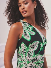 Black/Green Floral Print One Shoulder Jersey Midi Summer Dress - Image 5 of 8