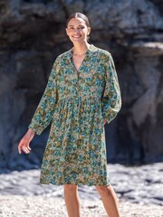 Celtic & Co. Blue Printed Button Front Knee Length Dress - Image 1 of 4