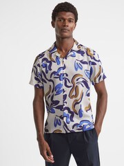 Reiss White Multi Scout Abstract Print Cuban Collar Shirt - Image 1 of 5