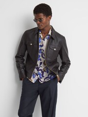 Reiss White Multi Scout Abstract Print Cuban Collar Shirt - Image 3 of 5