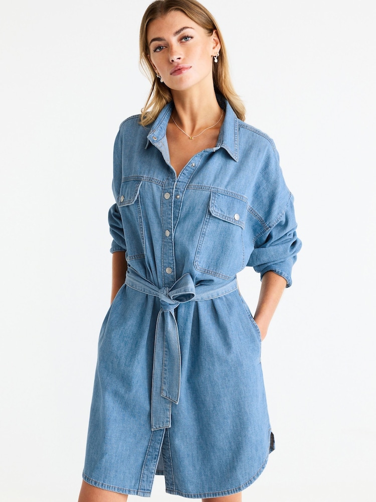 Mid Blue Belted Denim Shirt Dress - Image 1 of 5 Mid Blue Belted Denim Shirt Dress - Image 1 of 5