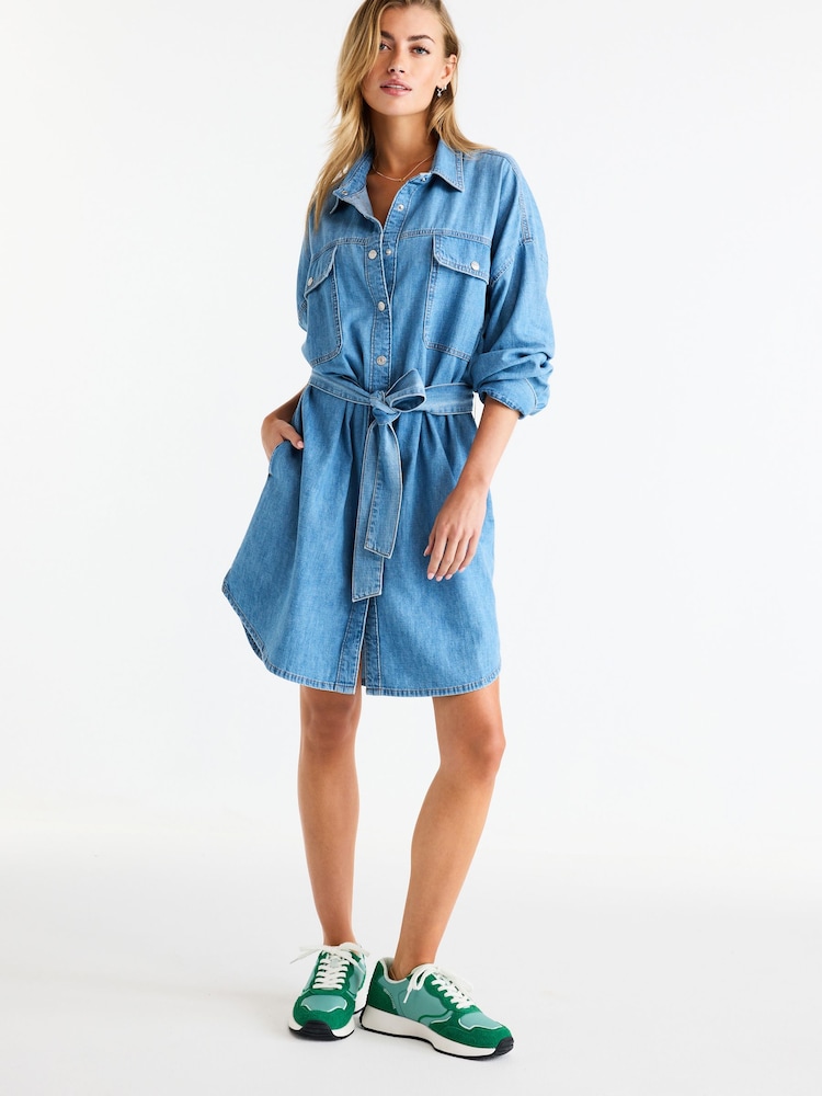 Mid Blue Belted Denim Shirt Dress - Image 2 of 5 Mid Blue Belted Denim Shirt Dress - Image 2 of 5