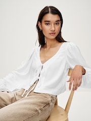 White Tie Front Blouse with Linen - Image 3 of 7