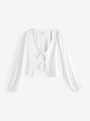 White Tie Front Blouse with Linen - Image 6 of 7
