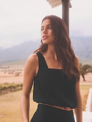 Black Summer Square Neck Top with Linen - Image 1 of 7