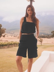 Black Summer Square Neck Top with Linen - Image 2 of 7