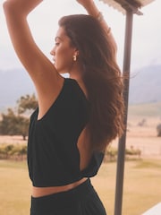 Black Summer Square Neck Top with Linen - Image 3 of 7