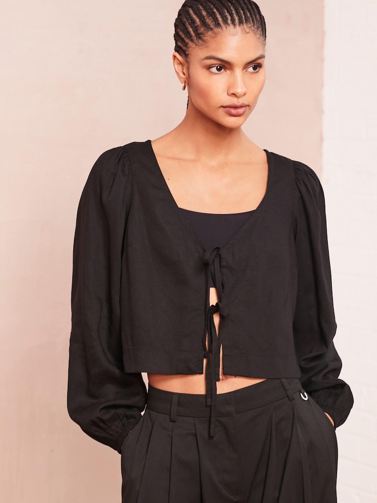 Black Tie Front Blouse with Linen - Image 1 of 4