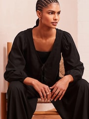 Black Tie Front Blouse with Linen - Image 2 of 4