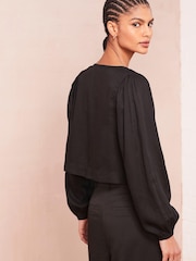 Black Tie Front Blouse with Linen - Image 3 of 4