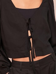 Black Tie Front Blouse with Linen - Image 4 of 4