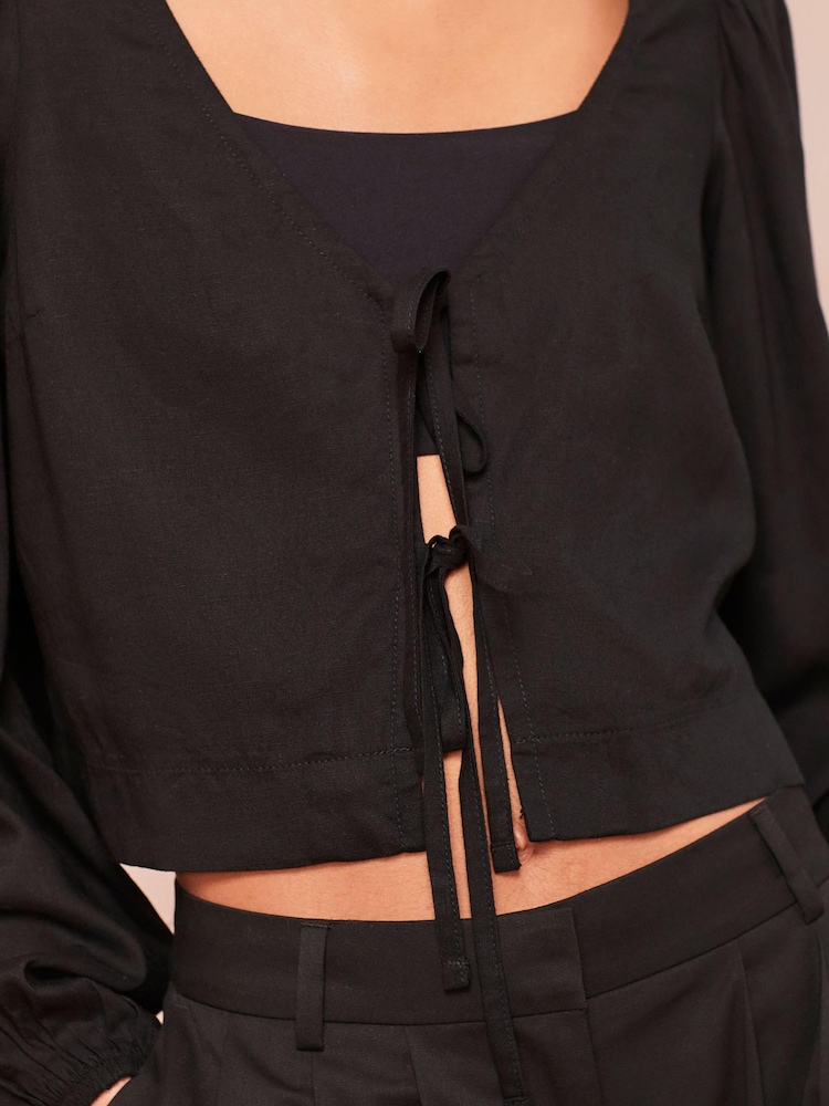 Black Tie Front Blouse with Linen - Image 4 of 4