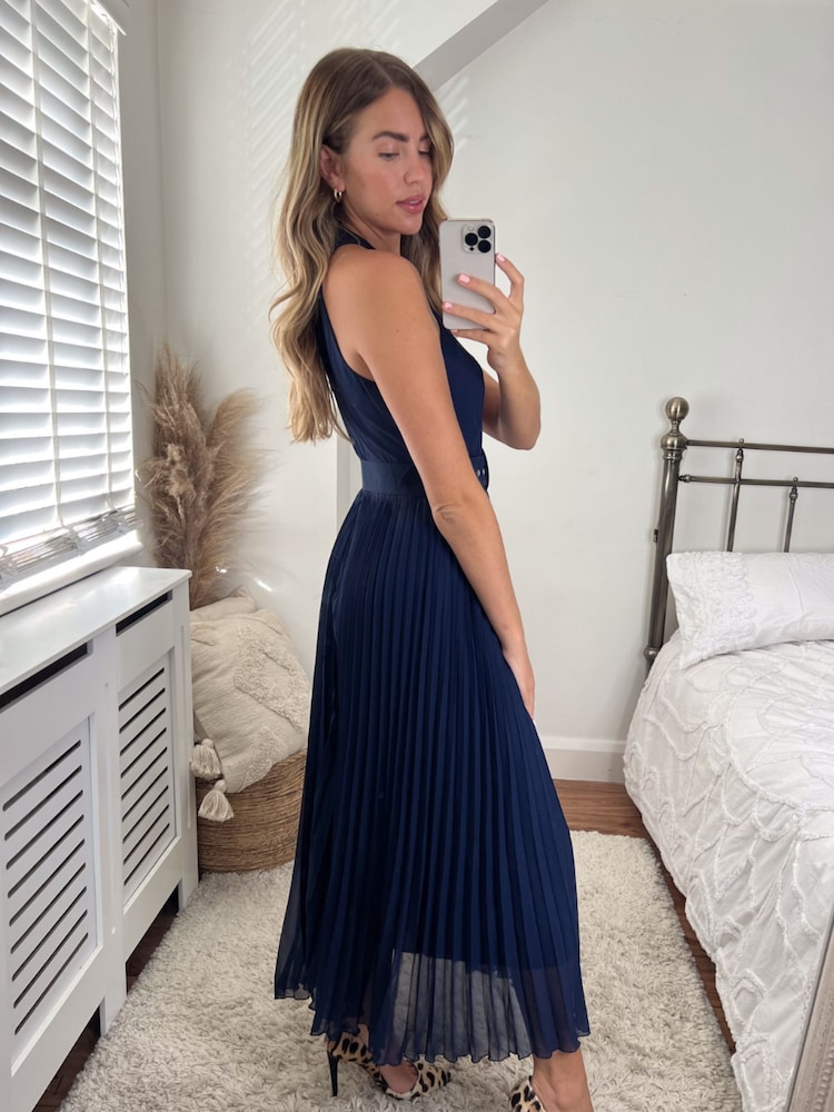 Style Cheat Blue Luisa Halter Pleated Maxi Dress - Image 2 of 4