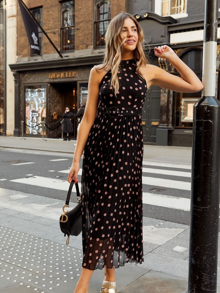 Style Cheat Black Blush Spot Luisa Halter Pleated Maxi Dress - Image 1 of 4