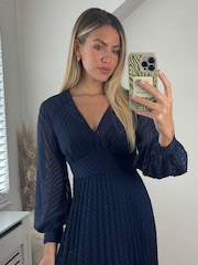 Style Cheat Navy Blue Dannica Pleated Balloon Sleeve Maxi Dress - Image 3 of 4