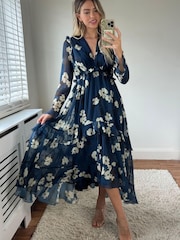 Style Cheat Blue Cream Floral Birdie Frill Tie Back Dress - Image 1 of 1