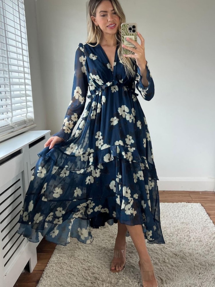 Style Cheat Blue Cream Floral Birdie Frill Tie Back Dress - Image 1 of 1