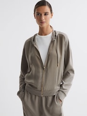 Reiss Khaki Penny Hybrid Zip-Through Hoodie - Image 1 of 4