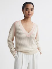 Reiss Cream/Nude Vale Wool Blend Knitted V-Neck Jumper - Image 1 of 5