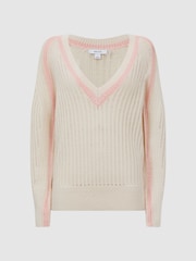 Reiss Cream/Nude Vale Wool Blend Knitted V-Neck Jumper - Image 2 of 5