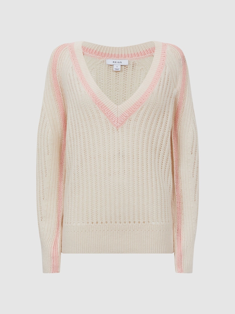 Reiss Cream/Nude Vale Wool Blend Knitted V-Neck Jumper - Image 2 of 5