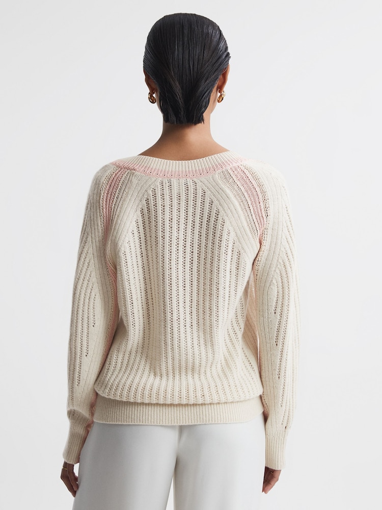 Reiss Cream/Nude Vale Wool Blend Knitted V-Neck Jumper - Image 5 of 5