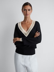 Reiss Black/Cream Courtney Contrast Trim Embellished V-Neck Jumper - Image 1 of 5
