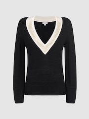 Reiss Black/Cream Courtney Contrast Trim Embellished V-Neck Jumper - Image 2 of 5